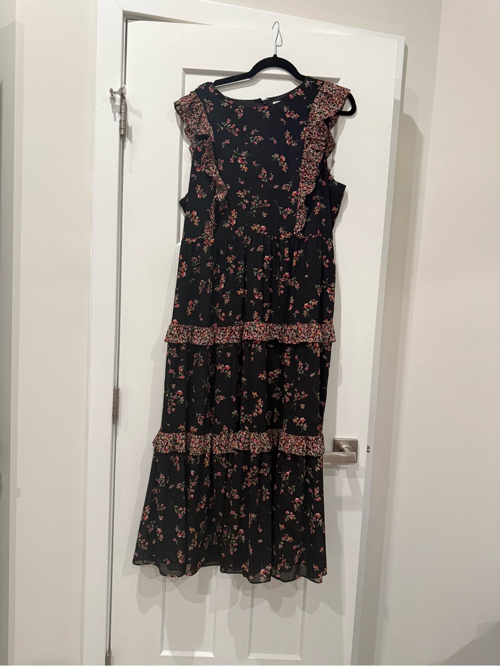 J. Crew Factory Black Maxi Dress with Pink Floral Ruffle Tiers
